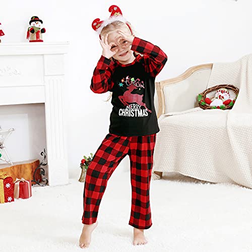 DaMohony - Pijama de Navidad a juego para familia: adulto, niño, bebé - Diseño de cuadros con alce e inscripción «Merry Christmas», Niño, 5-6 Años