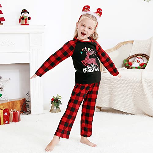 DaMohony - Pijama de Navidad a juego para familia: adulto, niño, bebé - Diseño de cuadros con alce e inscripción «Merry Christmas», Niño, 5-6 Años