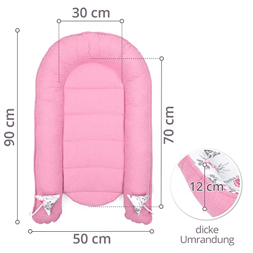 De dos caras Nido bebe recien nacido - Reductor de cuna bebe Algodon waffle Certificado Oeko-Tex 90x50 cm rosa