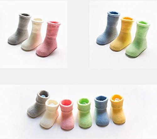 DEBAIJIA 3 Pares De Bebé Calcetines de Algodón Antideslizante Grueso Recién Nacidos 0-12 Meses para Niños Niñas 3 Colores Gris/Blanco/Azul