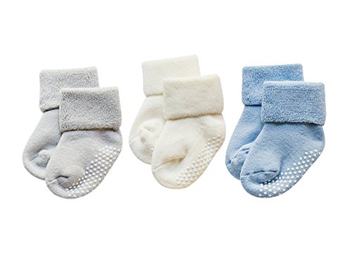 DEBAIJIA 3 Pares De Bebé Calcetines de Algodón Antideslizante Grueso Recién Nacidos 0-12 Meses para Niños Niñas 3 Colores Gris/Blanco/Azul