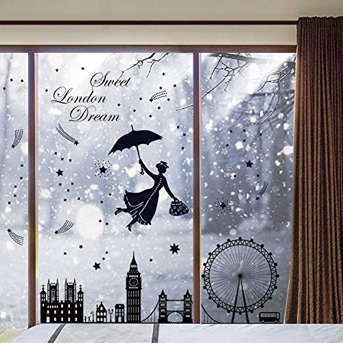 decalmile Pegatinas de Pared Hadas Infantiles Vinilos Decorativos Negro Ciudad Silueta- Londres Adhesivos Pared Cuarto de Niñas Cuarto de Niños