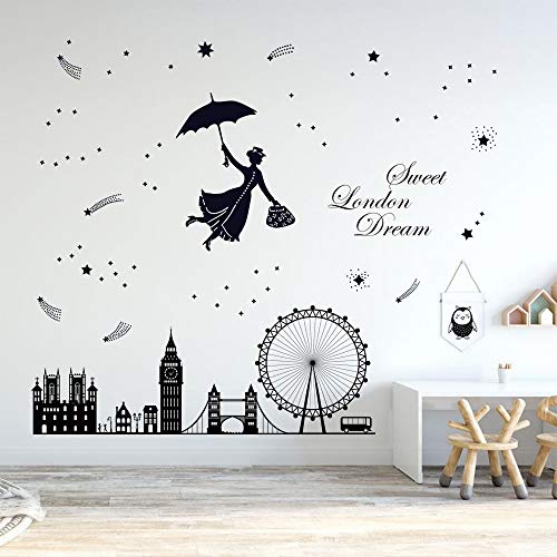 decalmile Pegatinas de Pared Hadas Infantiles Vinilos Decorativos Negro Ciudad Silueta- Londres Adhesivos Pared Cuarto de Niñas Cuarto de Niños