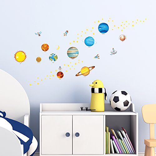 DECOWALL DS-8007 Planetas en el Espacio Vinilo Pegatinas Decorativas Adhesiva Pared Dormitorio Salón Guardería Habitación Infantiles Niños Bebés (English Ver.)(Pequeña)