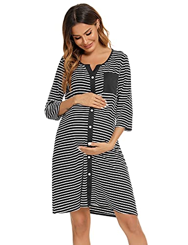 Doaraha Camisón de Lactancia Camisón de Maternidad Algodón para Mujer Camisón Lactancia con Botones a Rayas Camisón Embarazada Hospital Mangas 3/4 -Negro-Tamaño S