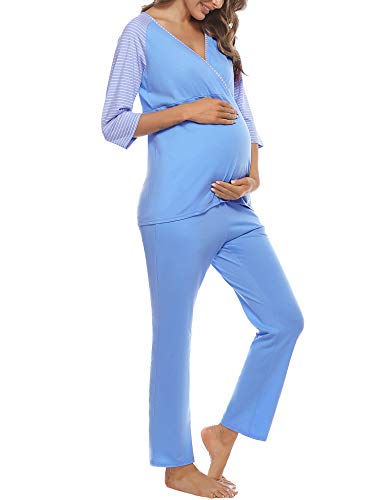 Doaraha Pijamas de Lactancia Mujer Invierno Conjunto Ropa Maternidad Rayas Manga Media Pijama Premamá Camiseta y Pantalones Algodón Embarazo Ropa de Dormir (Azul, L)