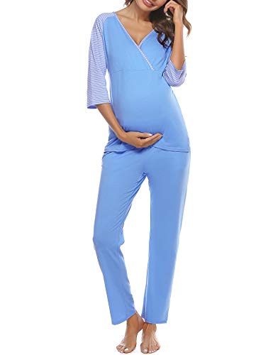 Doaraha Pijamas de Lactancia Mujer Invierno Conjunto Ropa Maternidad Rayas Manga Media Pijama Premamá Camiseta y Pantalones Algodón Embarazo Ropa de Dormir (Azul, L)