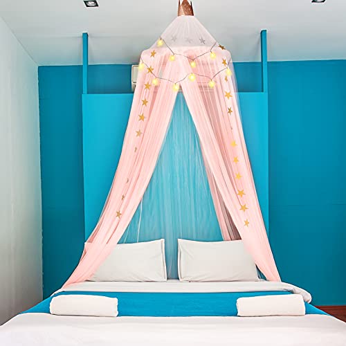 Dosel de Cama de Princesa de Red de Hilo Dosel de Corona de Cuna de Bebé Carpa Cúpula Transpirable Decoración Colgante Castillo con Cadena de Luz de Estrella 94,5 x 23,6 Pulgadas (Rosa)