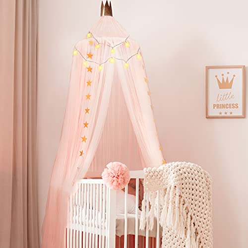 Dosel de Cama de Princesa de Red de Hilo Dosel de Corona de Cuna de Bebé Carpa Cúpula Transpirable Decoración Colgante Castillo con Cadena de Luz de Estrella 94,5 x 23,6 Pulgadas (Rosa)