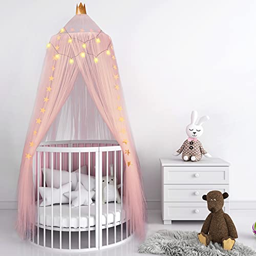 Dosel de Cama de Princesa de Red de Hilo Dosel de Corona de Cuna de Bebé Carpa Cúpula Transpirable Decoración Colgante Castillo con Cadena de Luz de Estrella 94,5 x 23,6 Pulgadas (Rosa)