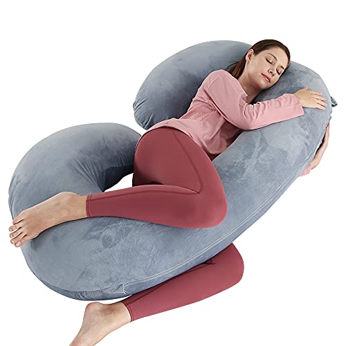 Dream night Almohada de embarazo de tamaño grande con funda de jersey gris, almohada de cuerpo completo en forma de C con funda de terciopelo extraíble lavable (gris, 144,8 x 76,2 cm)