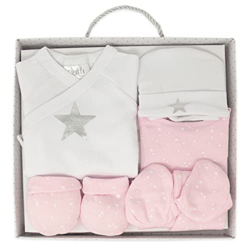 Duffi Baby Conjunto Primera Puesta Bebe Chaquetita Polaina Gorro Babero Manoplas. Set Primera Puesta Bebe Recien Nacido 5 Piezas. Set Regalo Bebe. 100% Algodon Modelo Estrella Plata Color Rosa 0983-06