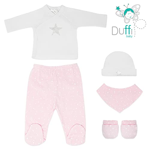 Duffi Baby Conjunto Primera Puesta Bebe Chaquetita Polaina Gorro Babero Manoplas. Set Primera Puesta Bebe Recien Nacido 5 Piezas. Set Regalo Bebe. 100% Algodon Modelo Estrella Plata Color Rosa 0983-06