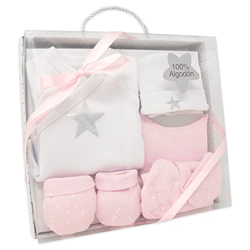 Duffi Baby Conjunto Primera Puesta Bebe Chaquetita Polaina Gorro Babero Manoplas. Set Primera Puesta Bebe Recien Nacido 5 Piezas. Set Regalo Bebe. 100% Algodon Modelo Estrella Plata Color Rosa 0983-06