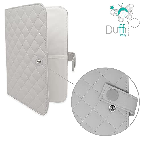 Duffi Baby Funda Portadocumentos de bebe recien nacido polipiel con cierre de broche. Porta Libro de Nacimiento con bolsillos. Carpeta portadocumentos tamaño estandar. Modelo Lux. Color Gris 0552-11