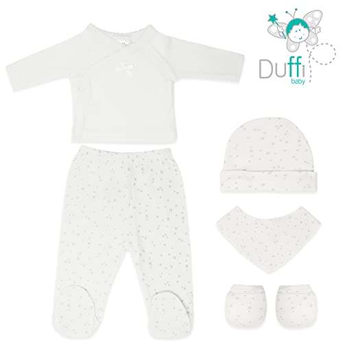 Duffi Baby Set Primera Puesta Bebe Recien Nacido 5 Piezas. Set Regalo Bebe Estrellas. Conjunto Primera Puesta Bebe con Chaquetita, Polaina, Gorro, Babero y Manoplas. 100% Algodon. Color Blanco