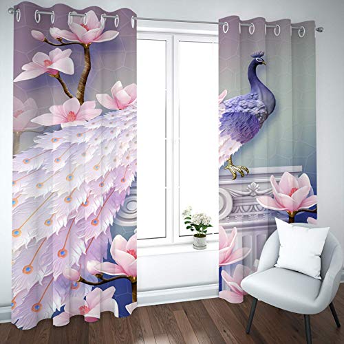 EEetwa Cortinas Salon Opacas Pavo Real De Flores Rosadas 183X214Cm Cortinas Infantiles Niños Cortinas Fruncidas Para Habitacion Juvenil Salon Cuarto Bebé/Tela Suave Gruesa Antimoscas Proteccion Pri