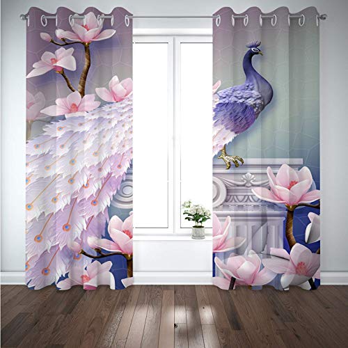 EEetwa Cortinas Salon Opacas Pavo Real De Flores Rosadas 183X214Cm Cortinas Infantiles Niños Cortinas Fruncidas Para Habitacion Juvenil Salon Cuarto Bebé/Tela Suave Gruesa Antimoscas Proteccion Pri