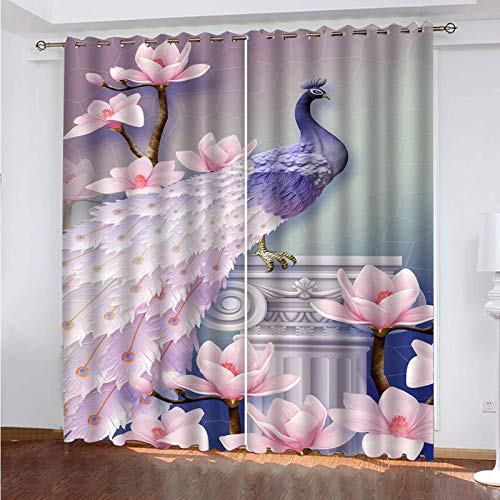 EEetwa Cortinas Salon Opacas Pavo Real De Flores Rosadas 183X214Cm Cortinas Infantiles Niños Cortinas Fruncidas Para Habitacion Juvenil Salon Cuarto Bebé/Tela Suave Gruesa Antimoscas Proteccion Pri