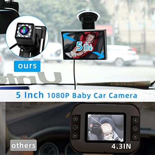 Espejo De Coche De Bebé, 5 '' 1080p CáMara De Bebé Para El Coche, Espejo Coche Bebe Asiento Trasero con VisióN Nocturna, Espejo Retrovisor Bebe Coche, CáMara Para Coche De Bebé Ajustable VisióN Amplia