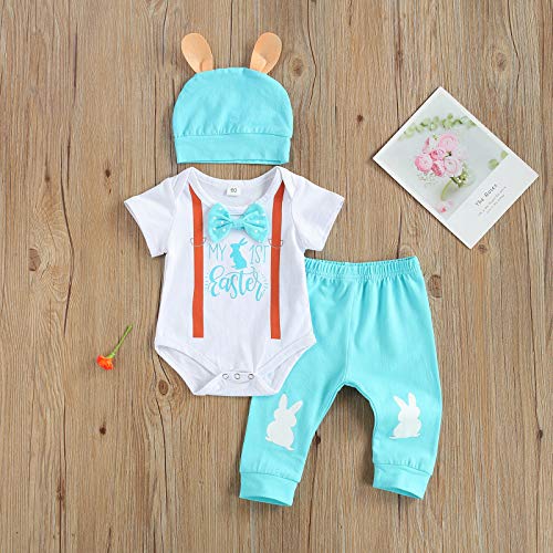 ESSECMBS Conjunto de 3 piezas para bebé de Pascua con conejo, de bebé, con la letra, My First Easter, mono elegante para niño, pantalón y pelo, blanco y azul., 3- 6 meses