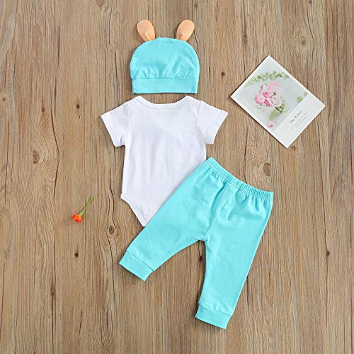 ESSECMBS Conjunto de 3 piezas para bebé de Pascua con conejo, de bebé, con la letra, My First Easter, mono elegante para niño, pantalón y pelo, blanco y azul., 3- 6 meses