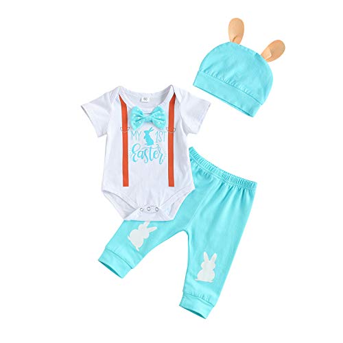 ESSECMBS Conjunto de 3 piezas para bebé de Pascua con conejo, de bebé, con la letra, My First Easter, mono elegante para niño, pantalón y pelo, blanco y azul., 3- 6 meses