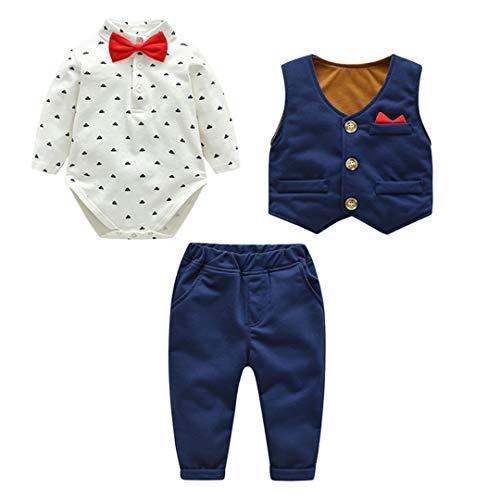 Fairy Baby Baby Boys 3pcs Traje Formal para niños pequeños Caballero Body + Chaleco + Pantalones Size 85(18-24 Meses) (Azul)