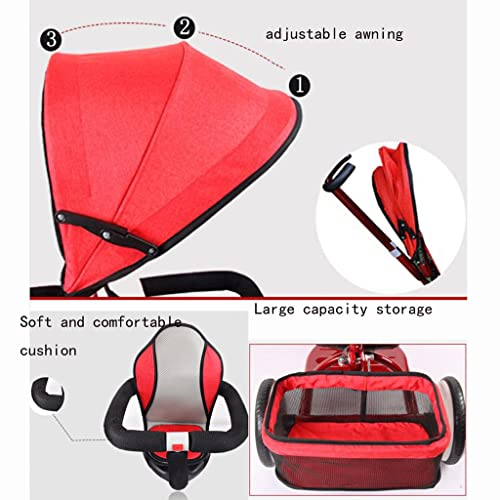 fevilady sillas de Paseo Doble Triciclo for niños niños del Pedal del niño, el toldo del Mango de Empuje Desmontable y recalcable del paseante y Asiento Trasero Cochecito de bebé (Color : Red)