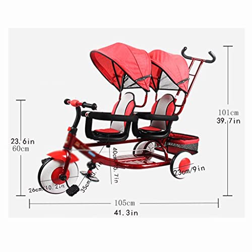 fevilady sillas de Paseo Doble Triciclo for niños niños del Pedal del niño, el toldo del Mango de Empuje Desmontable y recalcable del paseante y Asiento Trasero Cochecito de bebé (Color : Red)