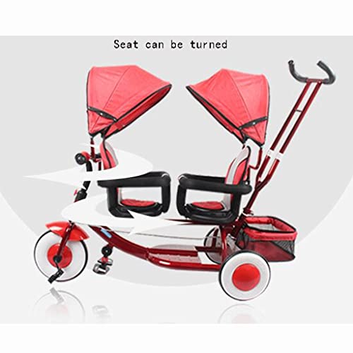 fevilady sillas de Paseo Doble Triciclo for niños niños del Pedal del niño, el toldo del Mango de Empuje Desmontable y recalcable del paseante y Asiento Trasero Cochecito de bebé (Color : Red)