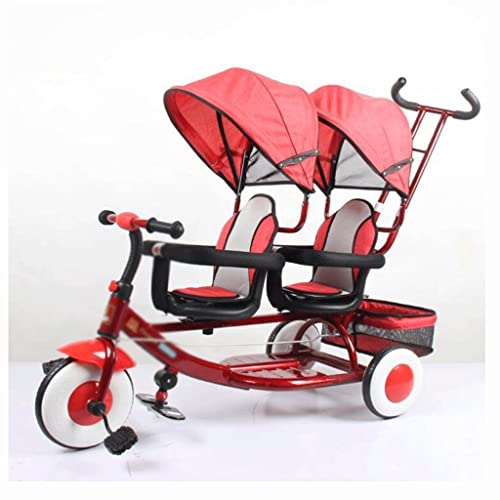 fevilady sillas de Paseo Doble Triciclo for niños niños del Pedal del niño, el toldo del Mango de Empuje Desmontable y recalcable del paseante y Asiento Trasero Cochecito de bebé (Color : Red)