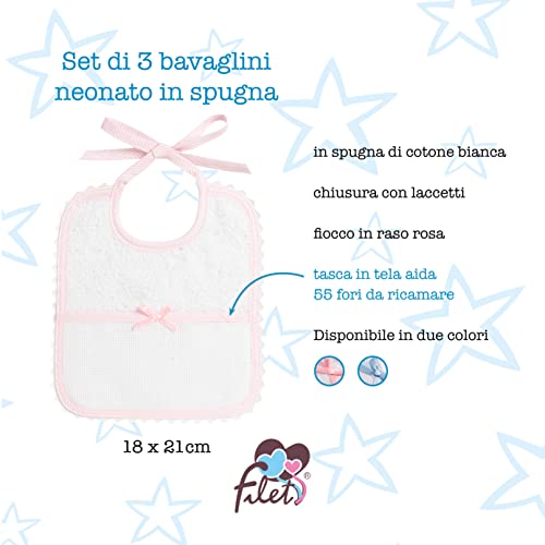 FILET - Set de 3 Baberos Recién Nacido en Esponja de Algodón Blanco con Bolsillo en Tela Aida de Bordar, Protege los Vestidos Contra Comida y Regurgitación, 100% Made in Italy, Color Blanco y Rosa