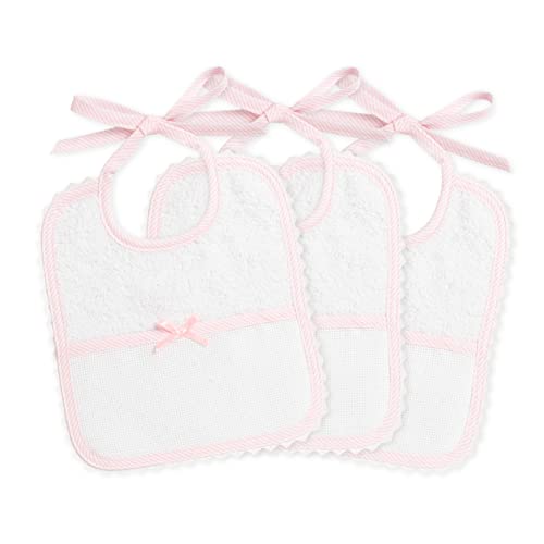 FILET - Set de 3 Baberos Recién Nacido en Esponja de Algodón Blanco con Bolsillo en Tela Aida de Bordar, Protege los Vestidos Contra Comida y Regurgitación, 100% Made in Italy, Color Blanco y Rosa