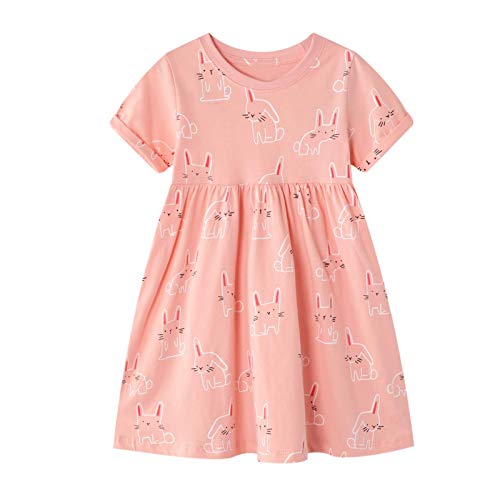 FILOWA Vestidos para Niña Rosado Gato Estampados Algodon Verano Manga Corta Baratos Casual Camiseta Vestidos Infantil 4-5 años, 5T