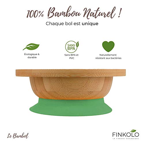 Finkolo - Juego de cuencos con ventosa y cuchara a juego de bambú natural | Forma de Rana | El Bambol Original