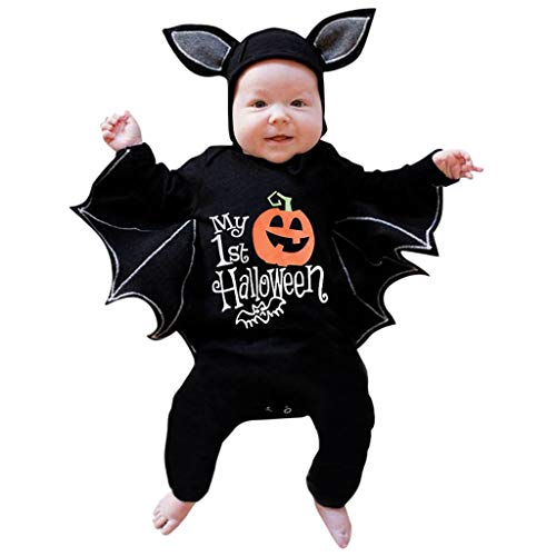 Fossen Kids Disfraz Halloween Niña Niño Bebe de Murciélago Manga Mameluco, Tops con Sombrero de Oreja - Otoño Invierno Moños Recien Nacido Lindo 3 Meses a 3 Años (9-12 Meses, Calabaza#01)