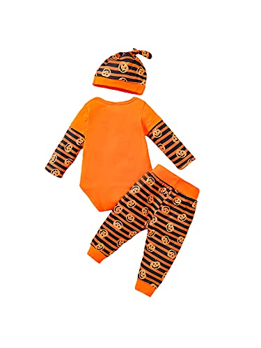 Frecoccialo Conjunto de 3 piezas de disfraz para Halloween, de manga larga, estampado de calabaza fantasma, pantalones largos elásticos suaves y gorro de calabaza de 0 a 18 meses, NARANJA, 12-18 meses