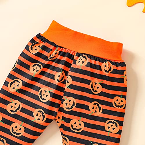 Frecoccialo Conjunto de 3 piezas de disfraz para Halloween, de manga larga, estampado de calabaza fantasma, pantalones largos elásticos suaves y gorro de calabaza de 0 a 18 meses, NARANJA, 12-18 meses