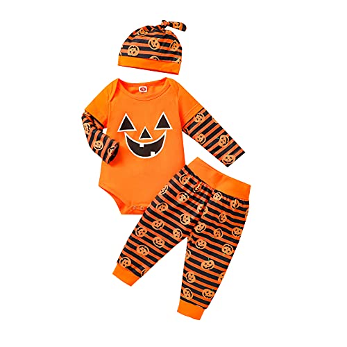 Frecoccialo Conjunto de 3 piezas de disfraz para Halloween, de manga larga, estampado de calabaza fantasma, pantalones largos elásticos suaves y gorro de calabaza de 0 a 18 meses, NARANJA, 12-18 meses