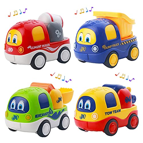 Funsland Coche de Juguete Bebe 1 2 3 Año, Juguetes Vehículos Fricción, Música Camion de Juguete Coche de Juguete de Plástico Regalo de los Niños,4 Pcs