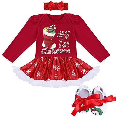 FYMNSI Bebé Niña Mi Primera Navidad Princesa Tutú Vestido + Diadema + Zapatos Conjunto de Ropa 3pcs Infantil Fiesta Fotografía Disfraz Regalo Rojo 0-3 Meses