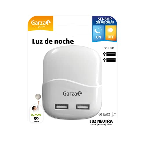 Garza - Bombilla LED Luz Blanca de Noche Infantil Quitamiedos Con Sensor Crepuscular y Con 2 Puertos USB