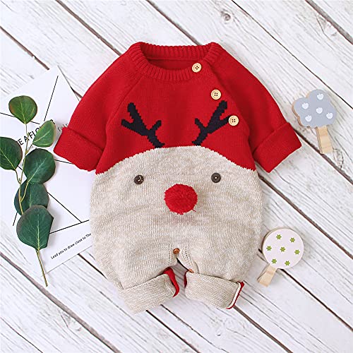 Geagodelia Navidad Bebé Recién Nacido Mono con Manga Larga y Cuello Redondo Mameluco de Estampado de Animados Navideños Mono cálido de Suéter para Unisex Bebé (Rojo, 0-6 Meses)