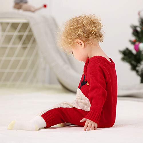 Geagodelia Navidad Bebé Recién Nacido Mono con Manga Larga y Cuello Redondo Mameluco de Estampado de Animados Navideños Mono cálido de Suéter para Unisex Bebé (Rojo, 0-6 Meses)