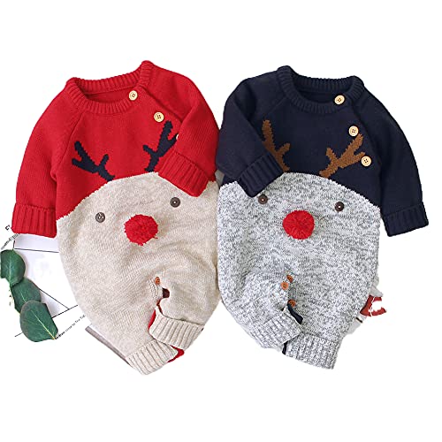 Geagodelia Navidad Bebé Recién Nacido Mono con Manga Larga y Cuello Redondo Mameluco de Estampado de Animados Navideños Mono cálido de Suéter para Unisex Bebé (Rojo, 0-6 Meses)