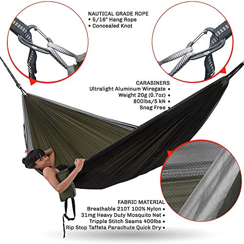 GFSDGF Hamaca de Camping Doble con mosquitera | Camping sin Insectos Senderismo Mochilero y Supervivencia Tienda de hamacas al Aire Libre