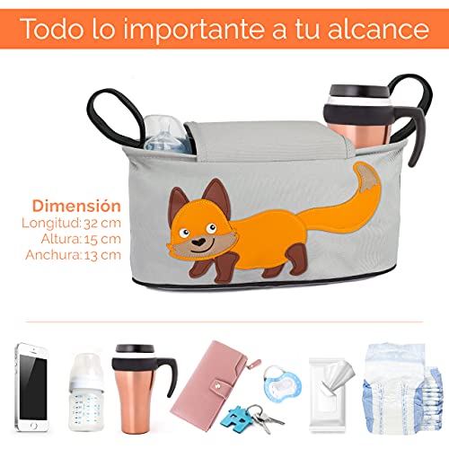 GLÜCKSWOLKE Bolso Carrito Bebe - 6 Motivos I Organizador para Coche de Paseo I Accesorios para Cochecito para Mama I Bolsa Carro Gris I Bolsos Sillas de Paseo I Motivo Zorro