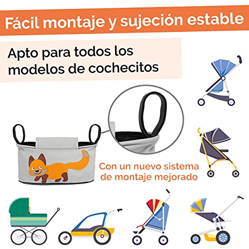 GLÜCKSWOLKE Bolso Carrito Bebe - 6 Motivos I Organizador para Coche de Paseo I Accesorios para Cochecito para Mama I Bolsa Carro Gris I Bolsos Sillas de Paseo I Motivo Zorro