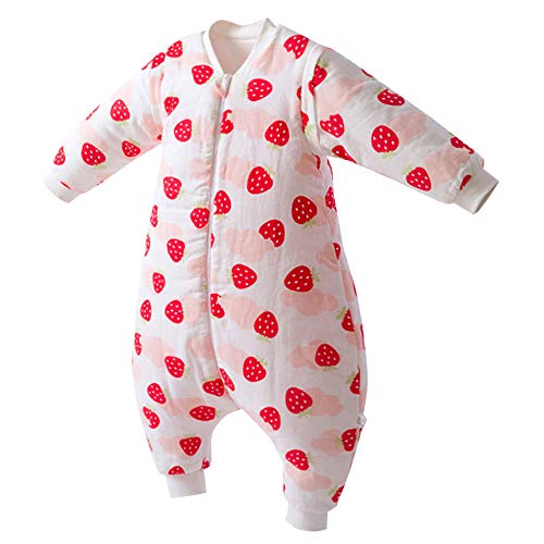 Happy Cherry - Mameluco Grueso de Dormir Acolchado de Algodón para Infantiles de Invierno Saco Dormido de Bebes con Pies Separadaos con Fresa para Niños de 3 años